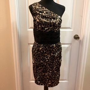 Boston Proper Asymmetrical, one shoulder leopard print, satin cocktail dress, 8
